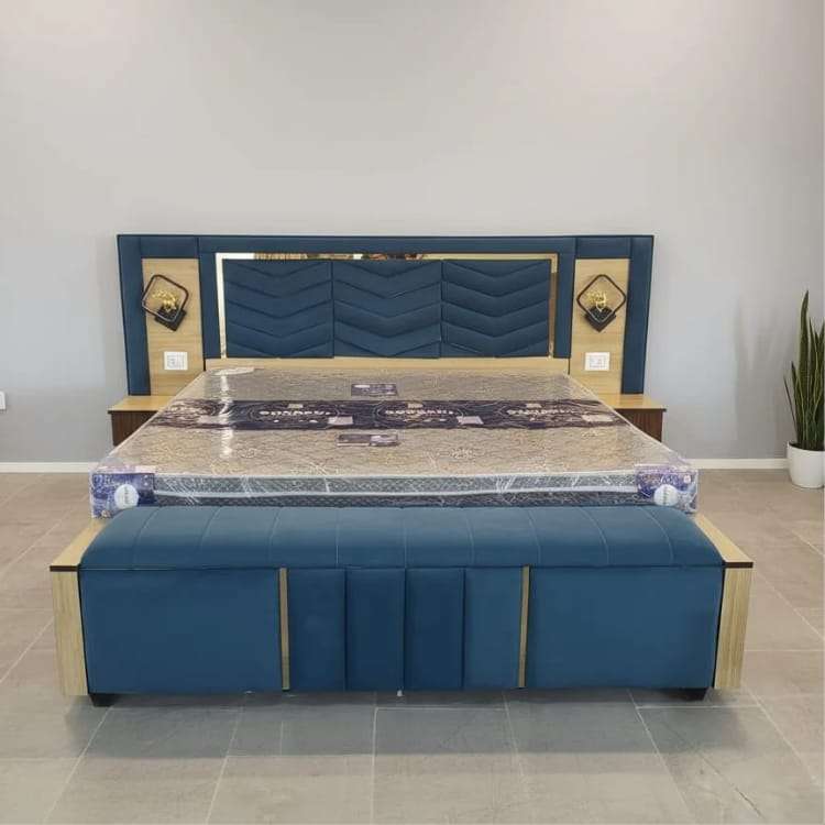 Teal Blue Premium King Size Bed with Designer Headboard and Storage